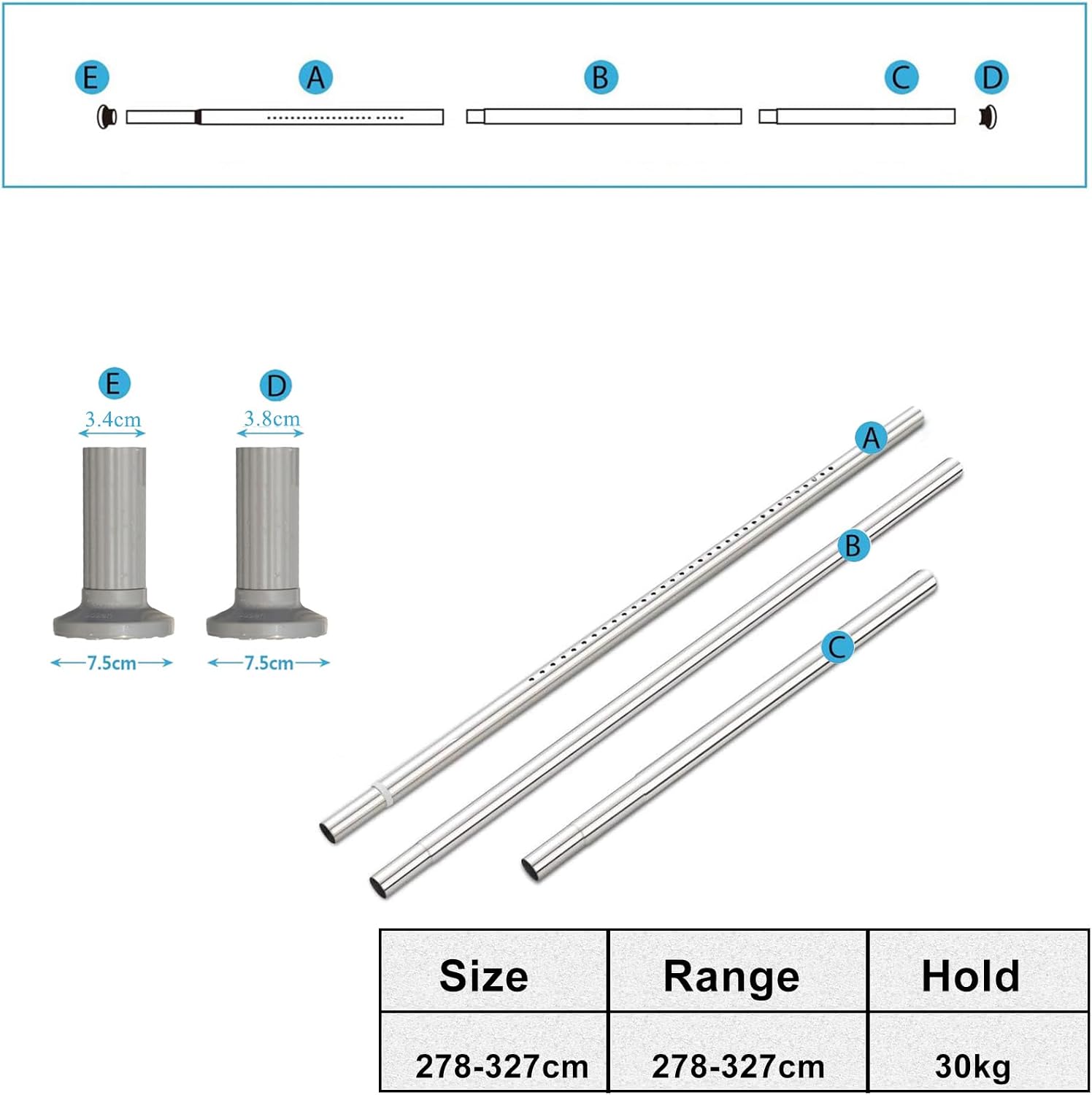 Tension Curtain Rod 278-327cm No Drill Extendable 32mm Heavy Duty Curtain Pole