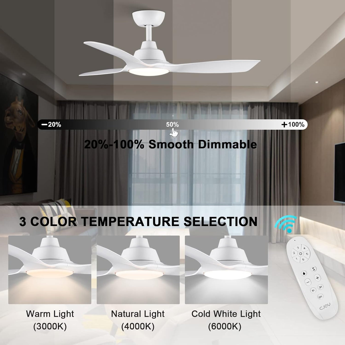 Ceiling Fan With Lights 42 Inch Remote DC Motor White CJOY