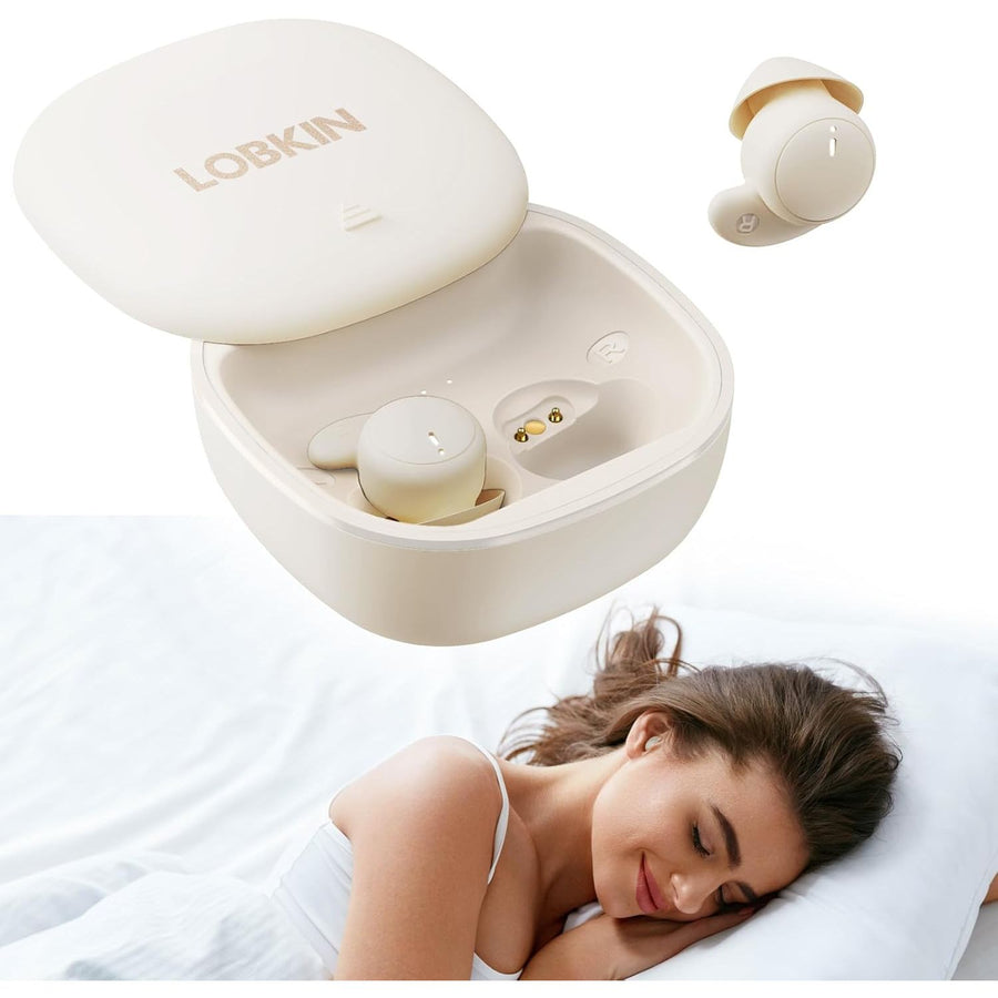 LOBKIN wireless earbuds with charging case on a white background
