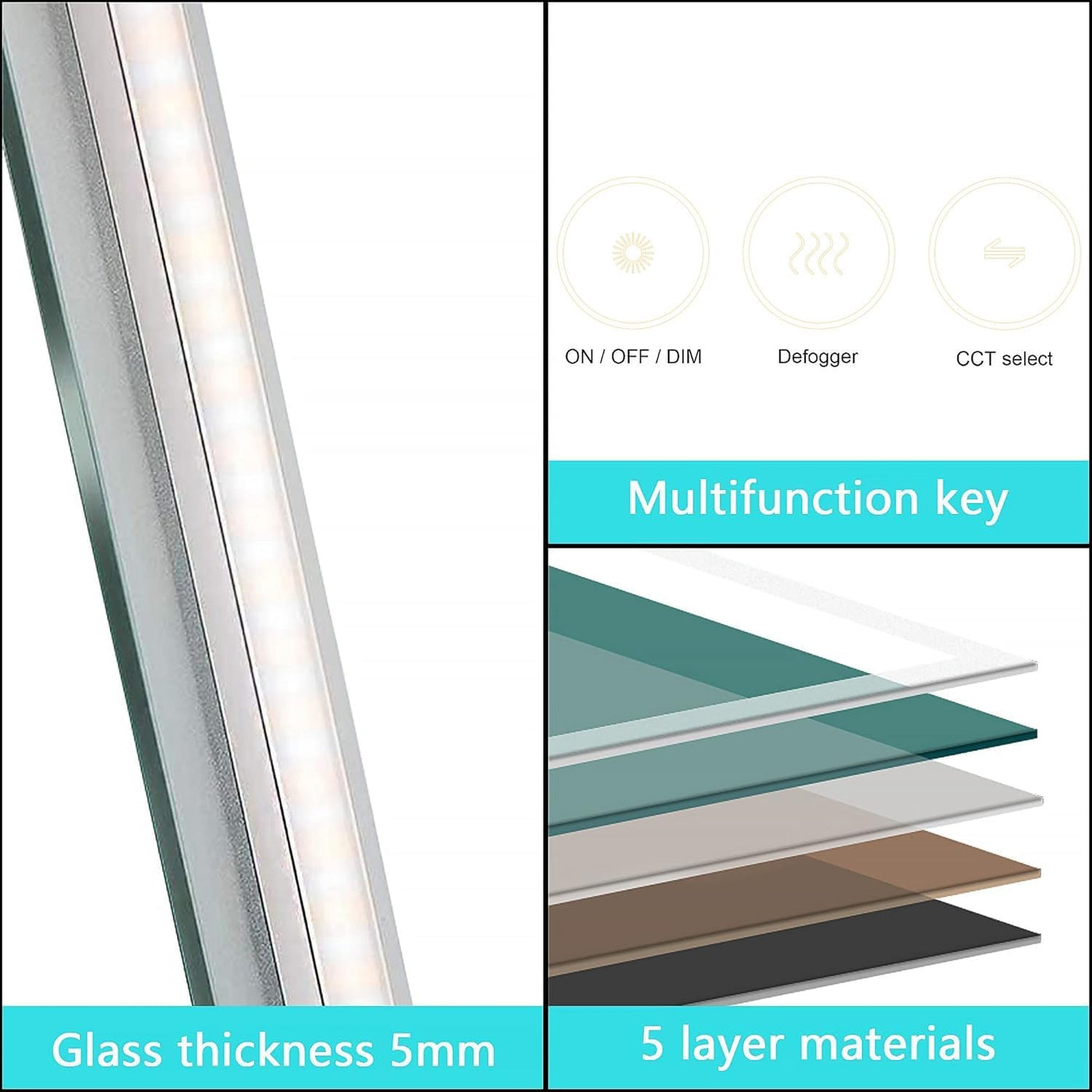 LED Bathroom Mirror 50x70cm Dimmable Anti Fog Colour Change Backlit Vanity Wall