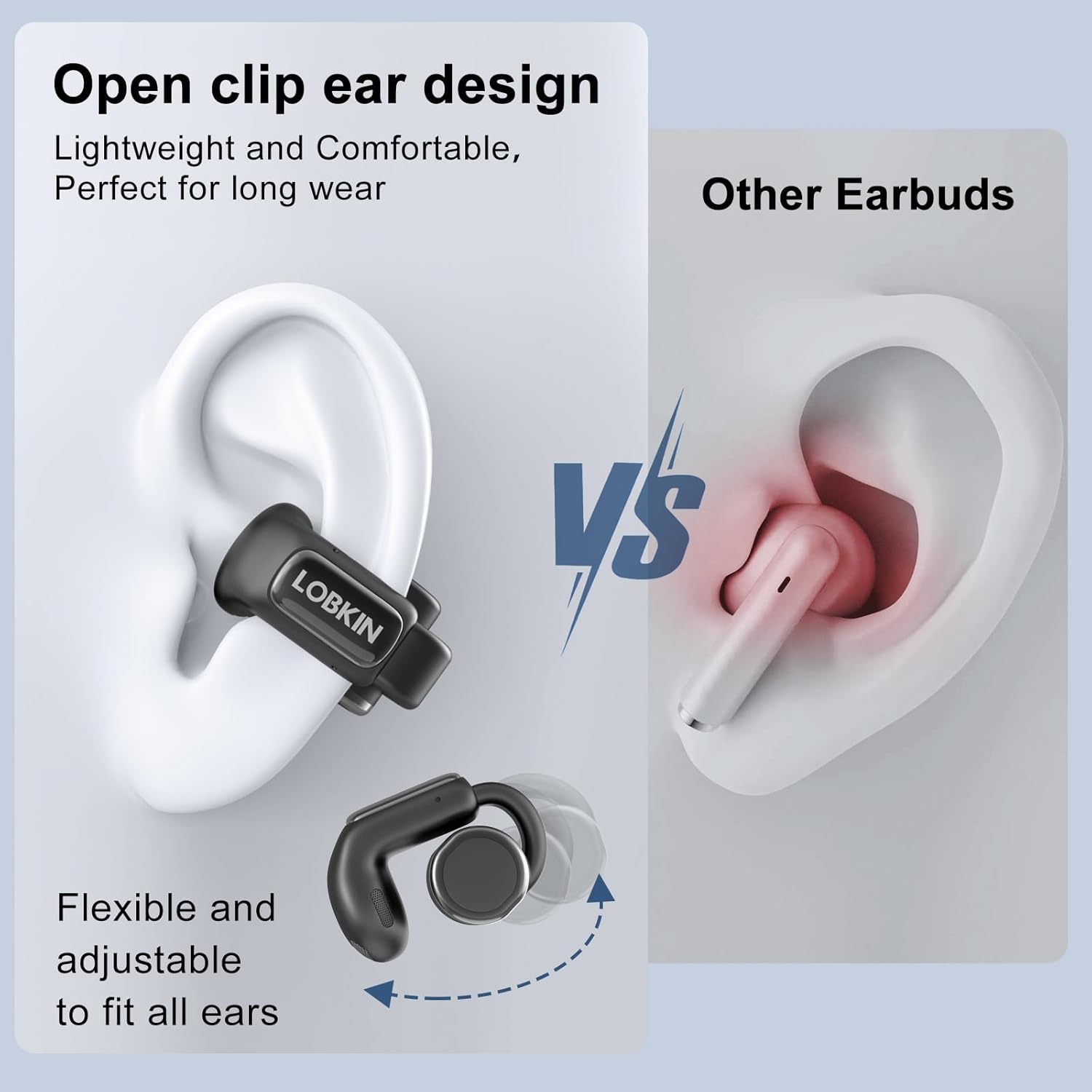 LOBKIN earbud with open clip design compared to other earbuds on a light blue background.