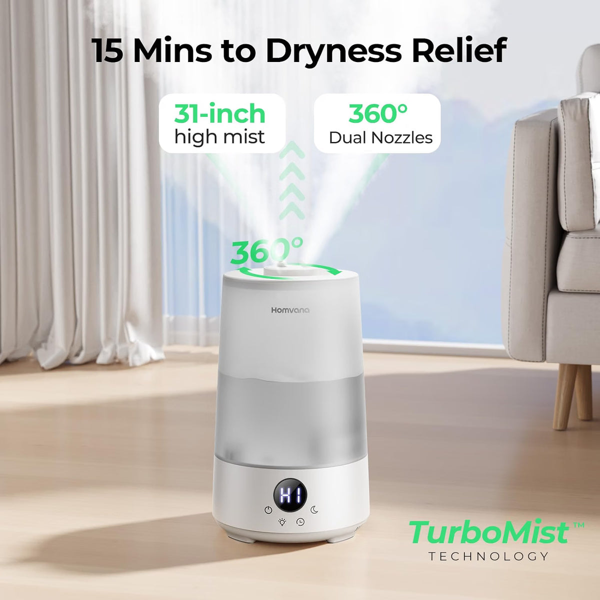 Cool Mist Humidifier 3.6L Top Fill 34H Quiet 16dB Nursery Light Homvana White