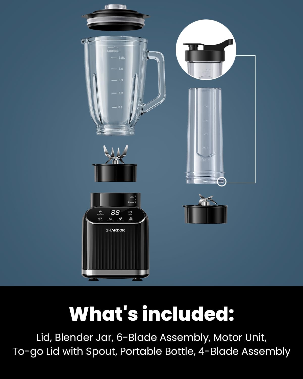 Shardor Professional Blender 1400W Smoothie Maker 52oz Glass Jar To Go Cup