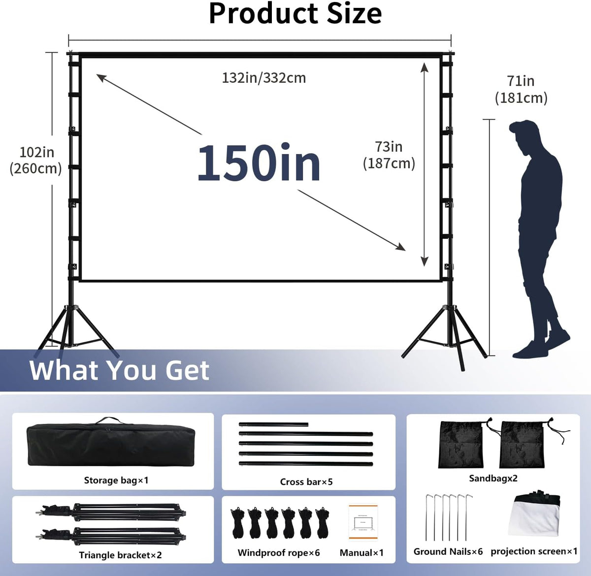 Projector Screen 150 Inch 4K HD Stand Carry Bag Portable Outdoor Wootfairy