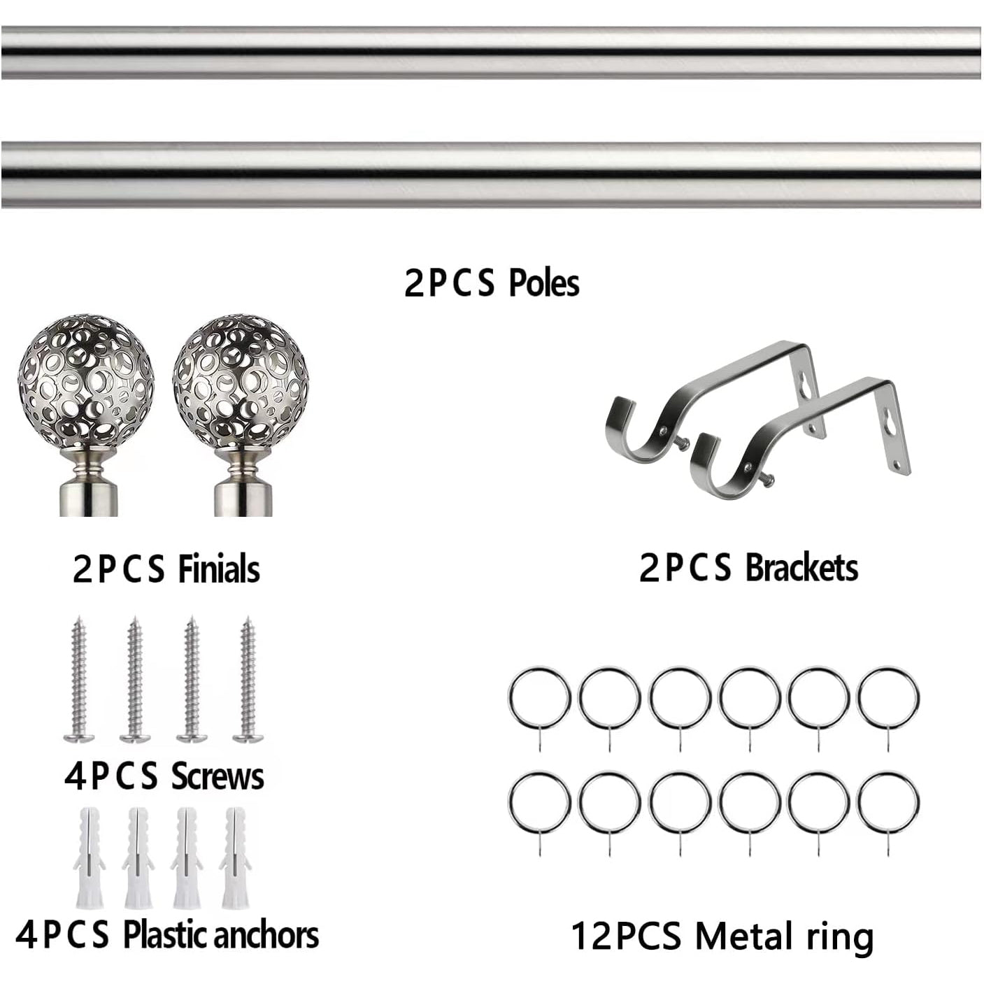 Extendable Curtain Pole Set 70-120cm Satin Nickel, Globe Finials, 19/16mm