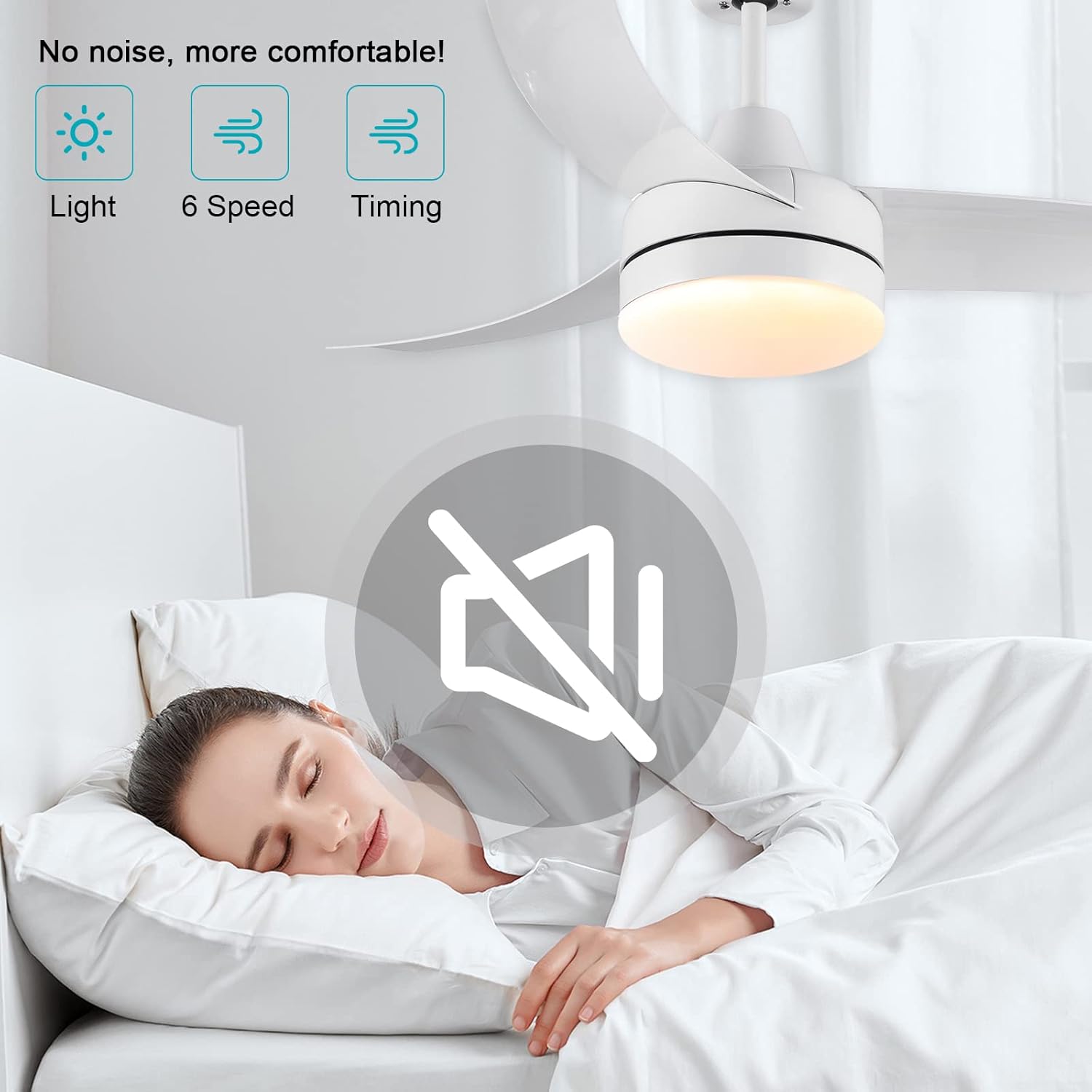 Woman sleeping in bed with a ceiling fan above, highlighting features like light, speed, and timing.
