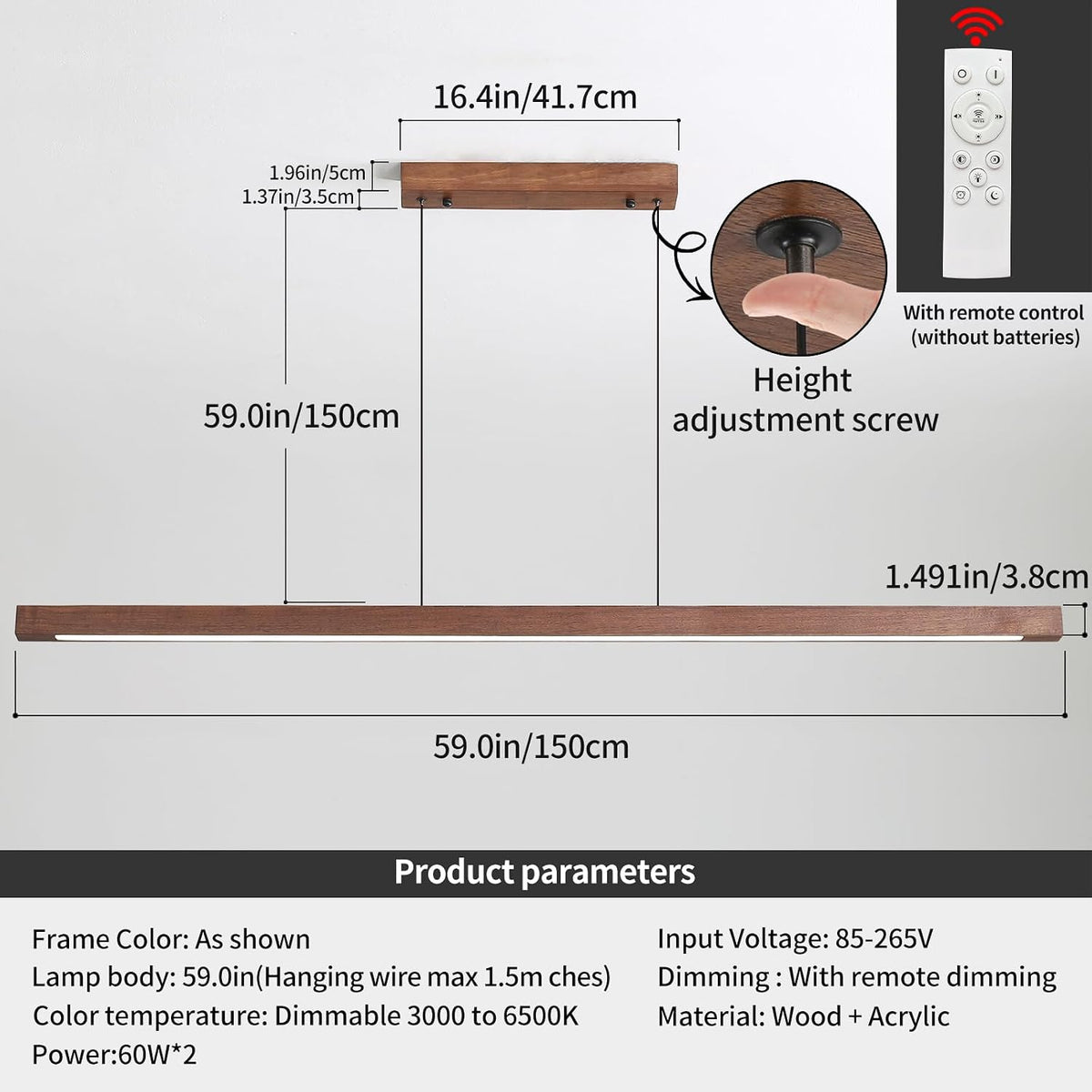Linear Pendant Light 150cm Walnut Wood Dimmable Kitchen Island LED Mikeru