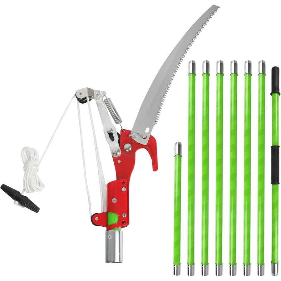 Garden pruner with multiple green extension poles on a white background