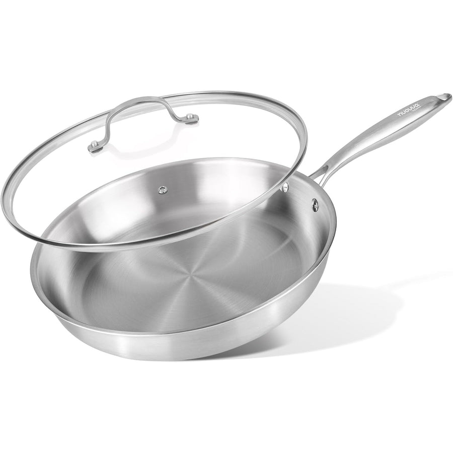 Stainless Steel Frying Pan 30cm Non Stick Induction Hob Glass Lid nuovva Cookware