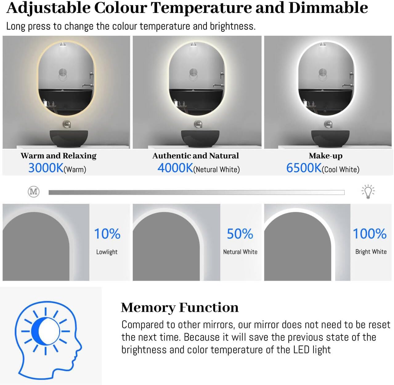 Oval Bathroom Mirror LED Lights Dimmable 700 x 1200mm Finmrys