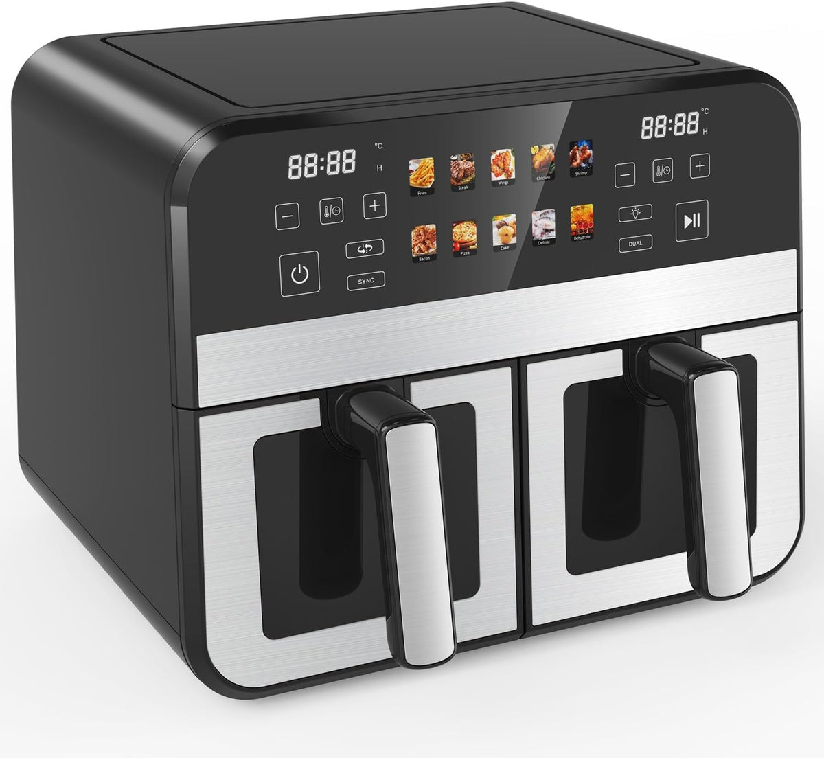 Dual Zone Air Fryer 10L 8 in 1 Double Drawer Viewing Window Family Size Cooker