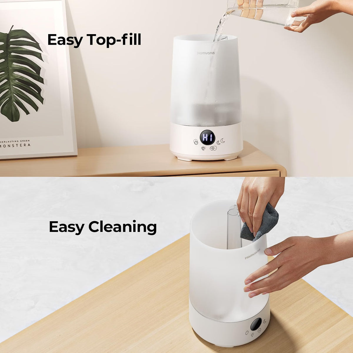 Cool Mist Humidifier 3.6L Top Fill 34H Quiet 16dB Nursery Light Homvana White