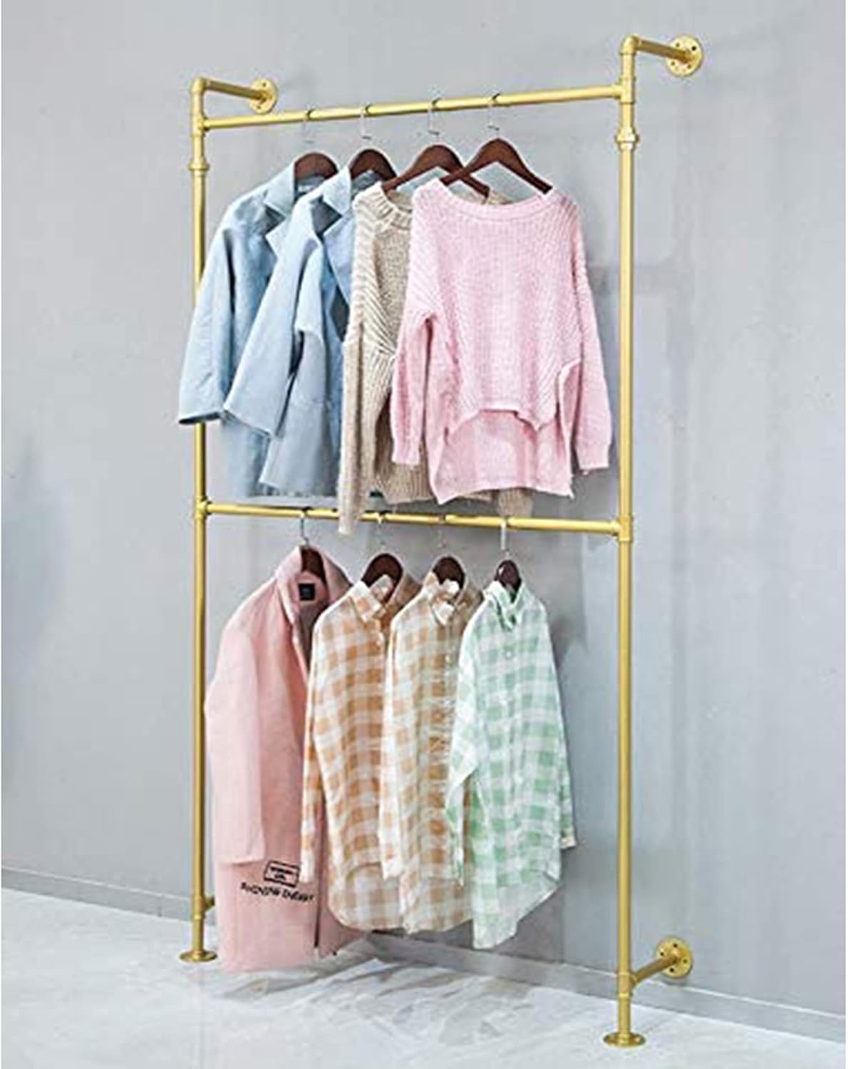 Industrial Garment Rack 2 Tier Wall Mounted Clothes Rail Pipe Shelf Black Storage