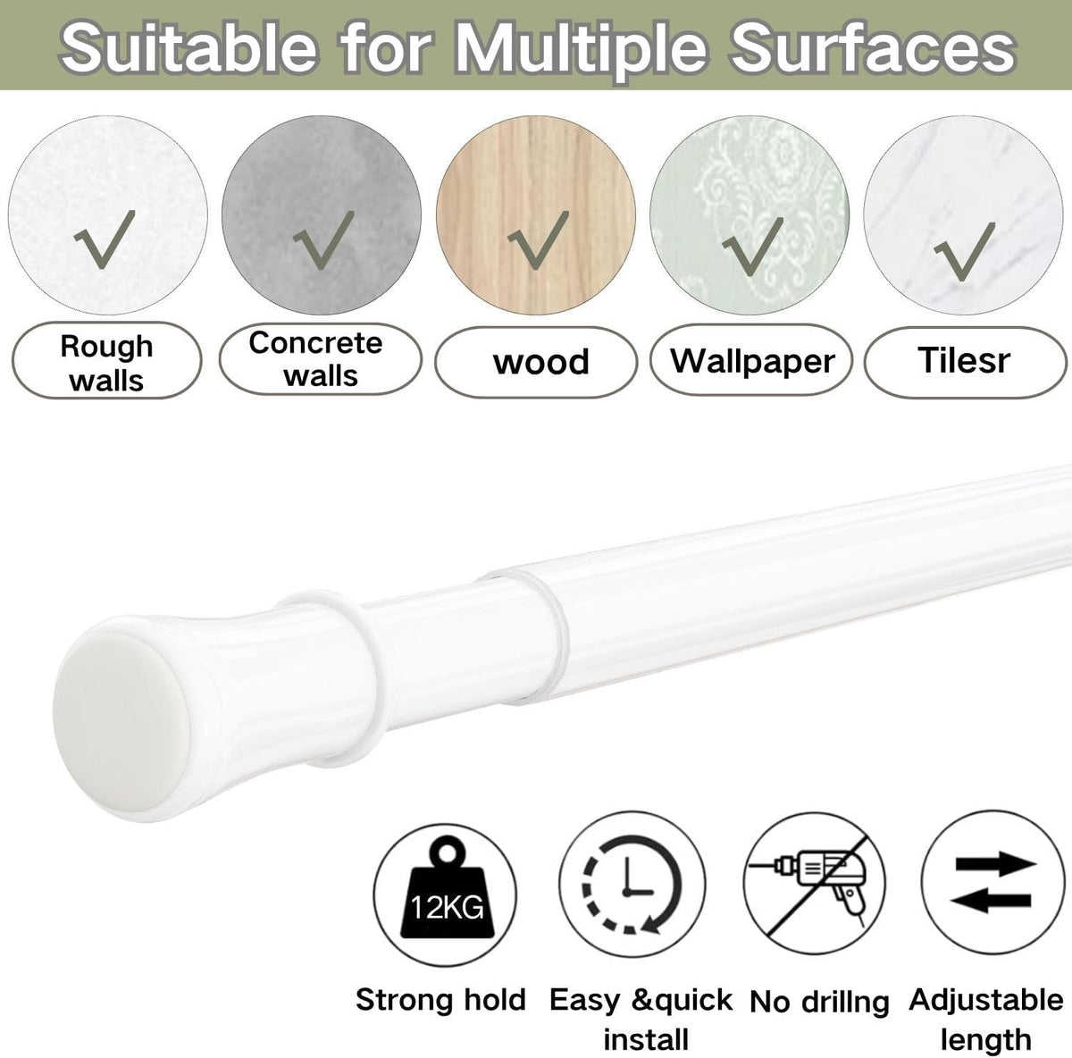 Telescopic Curtain Rod 110-200cm No Drill Tension Pole White Adjustable Shower Rod