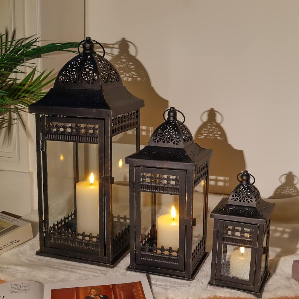 Candle Lanterns Set of 3 Vintage Black Gold Metal 51 37 24cm JHY DESIGN