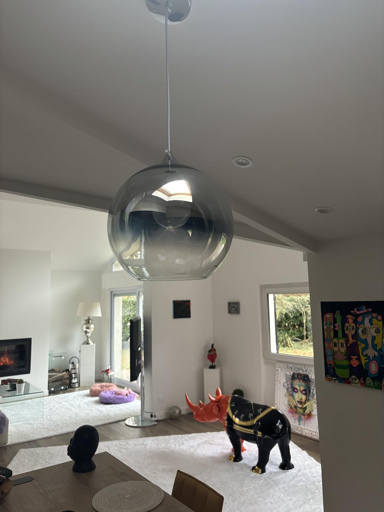 Pendant Light/Lamp 25cm Silver Glass, Spherical Gradient/Smoke Glass Globe Shade