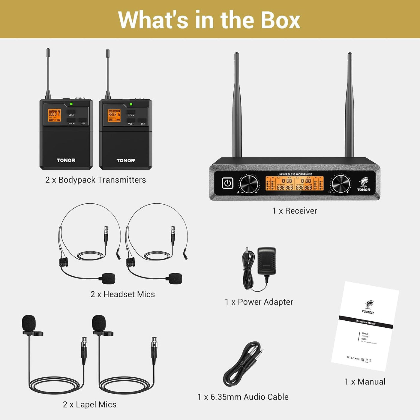 Wireless Microphone System UHF Headset Lavalier 60m 10 Channel TONOR