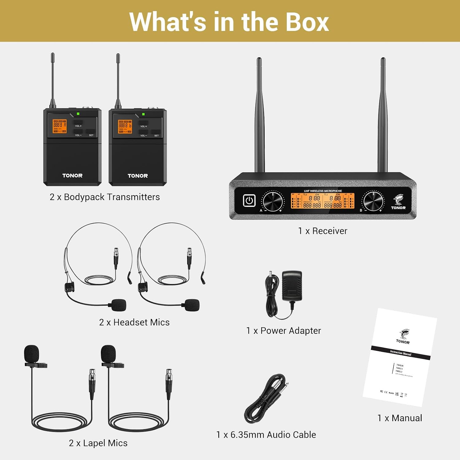 Wireless Microphone System UHF Headset Lavalier 60m 10 Channel TONOR