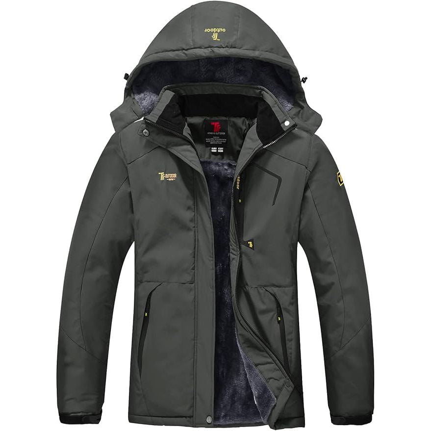 Dark gray winter jacket with brand logos on a white background