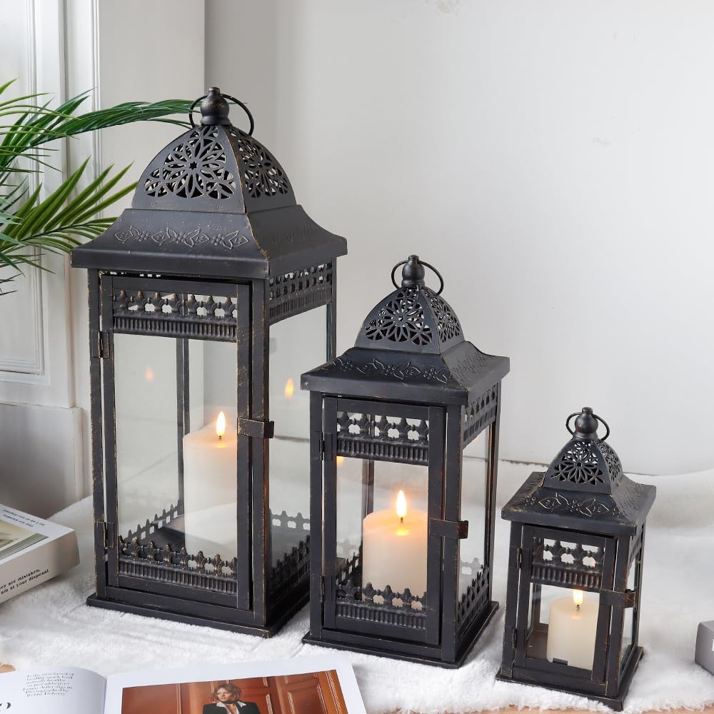 Candle Lanterns Set of 3 Vintage Black Gold Metal 51 37 24cm JHY DESIGN