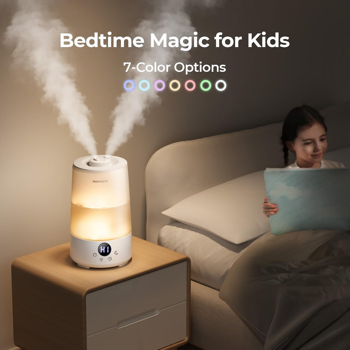Cool Mist Humidifier 3.6L Top Fill 34H Quiet 16dB Nursery Light Homvana White