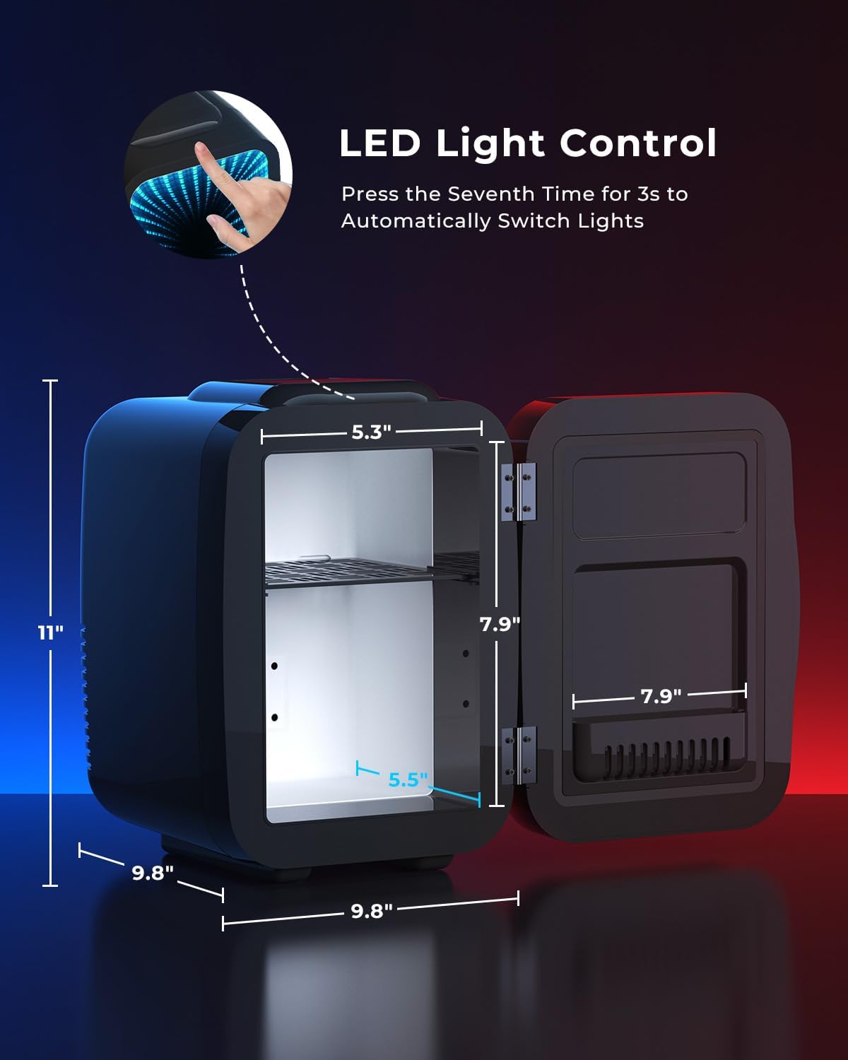 Mini Fridge 4L 6 Cans Quiet Portable Small Refrigerator 7 RGB Lights BEICHEN