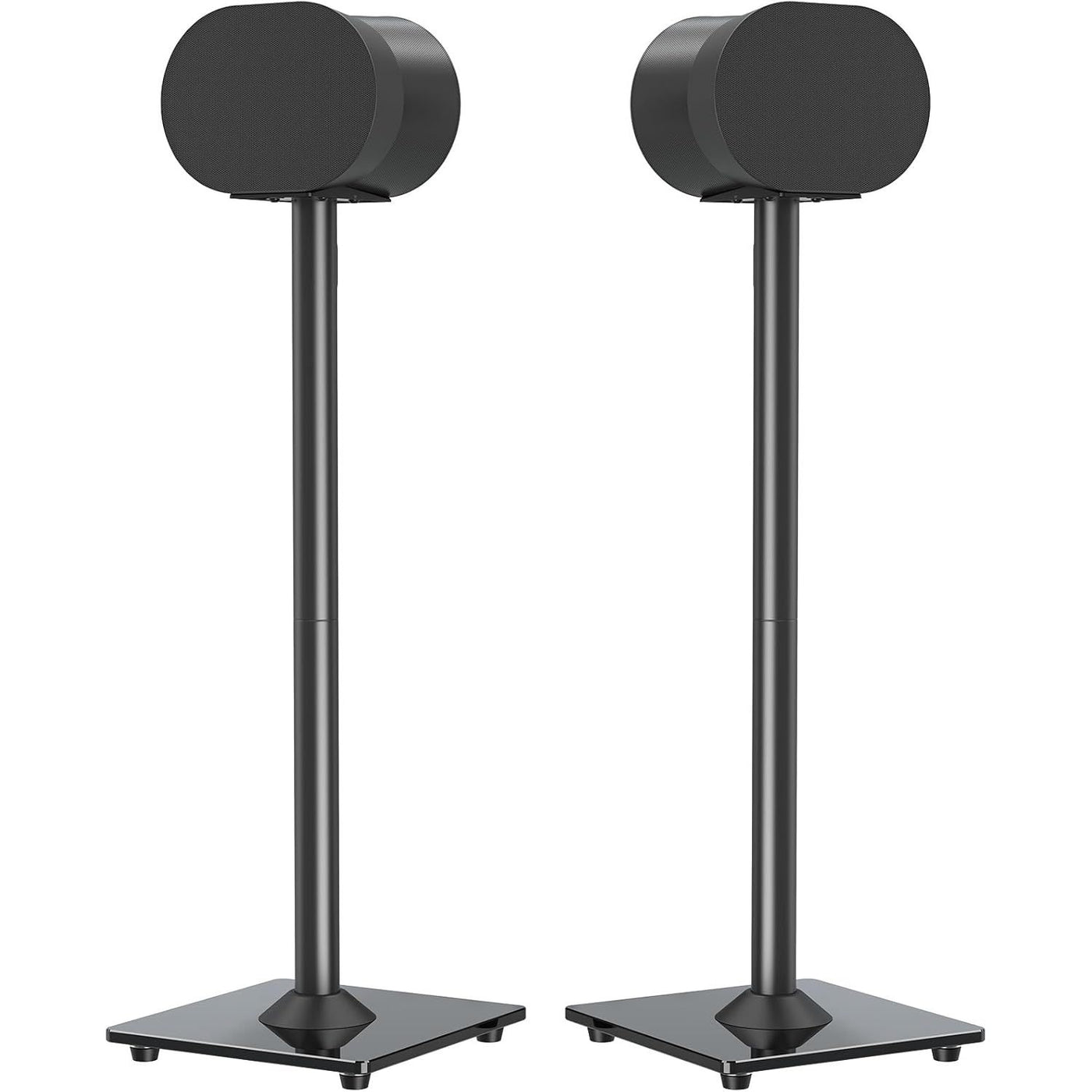 Two black speaker stands on a white background