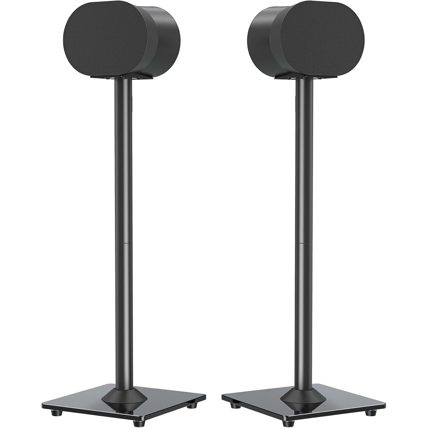 Two black speaker stands on a white background