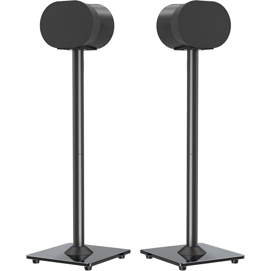 Two black speaker stands on a white background