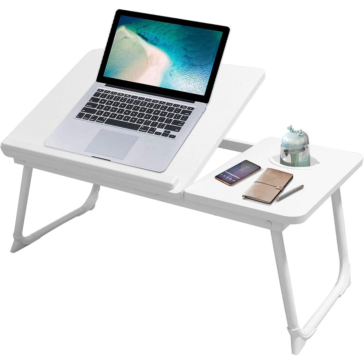 Laptop Bed Table Foldable Legs Cup Slot Reading Notebook Stand White Desk Tray