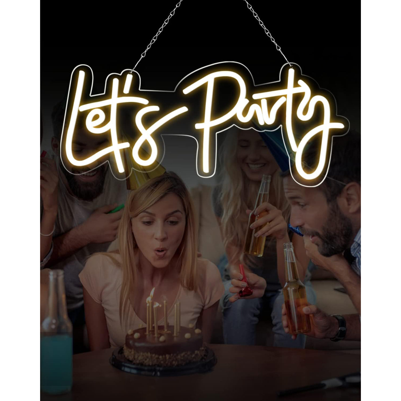 Large ''Let's Party'' Neon Sign 23x10'' w/ Dimmable, LED Wall Decor for Events