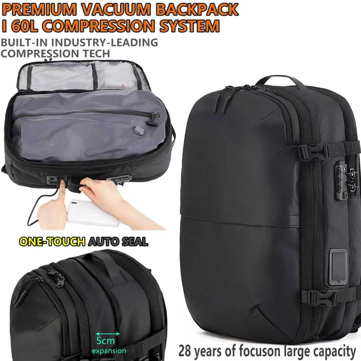 Travel Backpack Vacuum Compression Expandable 5in Water Resistant Laptop LIGHTGO