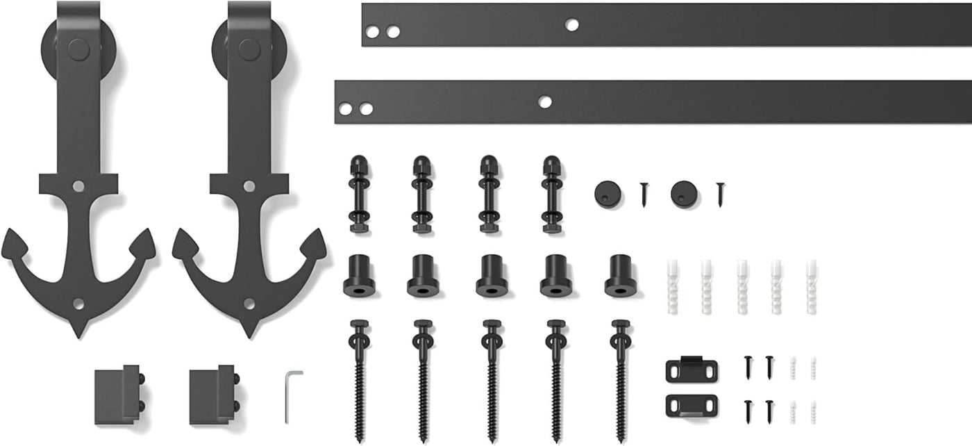 Collection of black metal hardware components on a white background