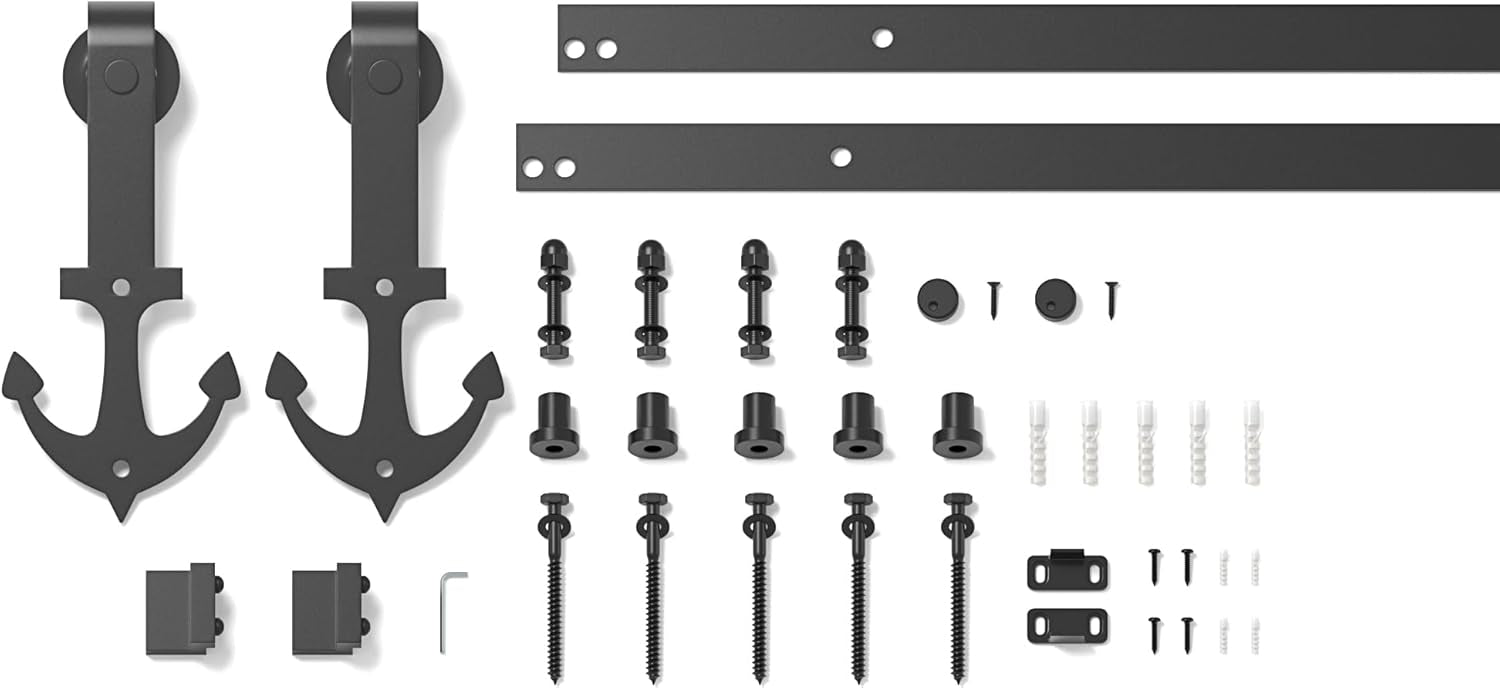 Collection of black metal hardware components on a white background