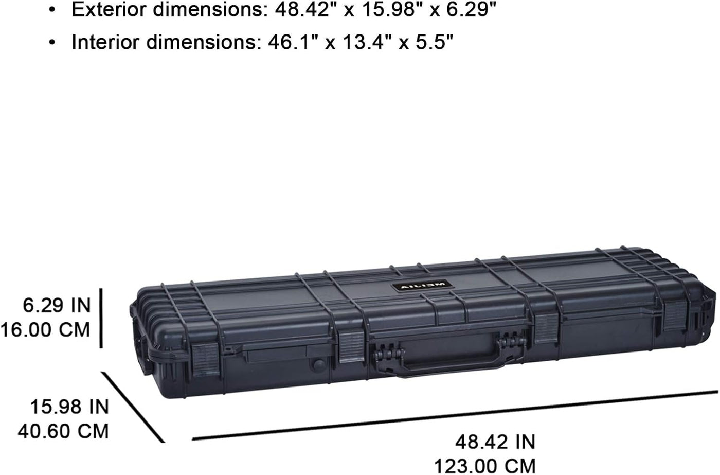 Black hard-shell case with dimensions labeled on a white background