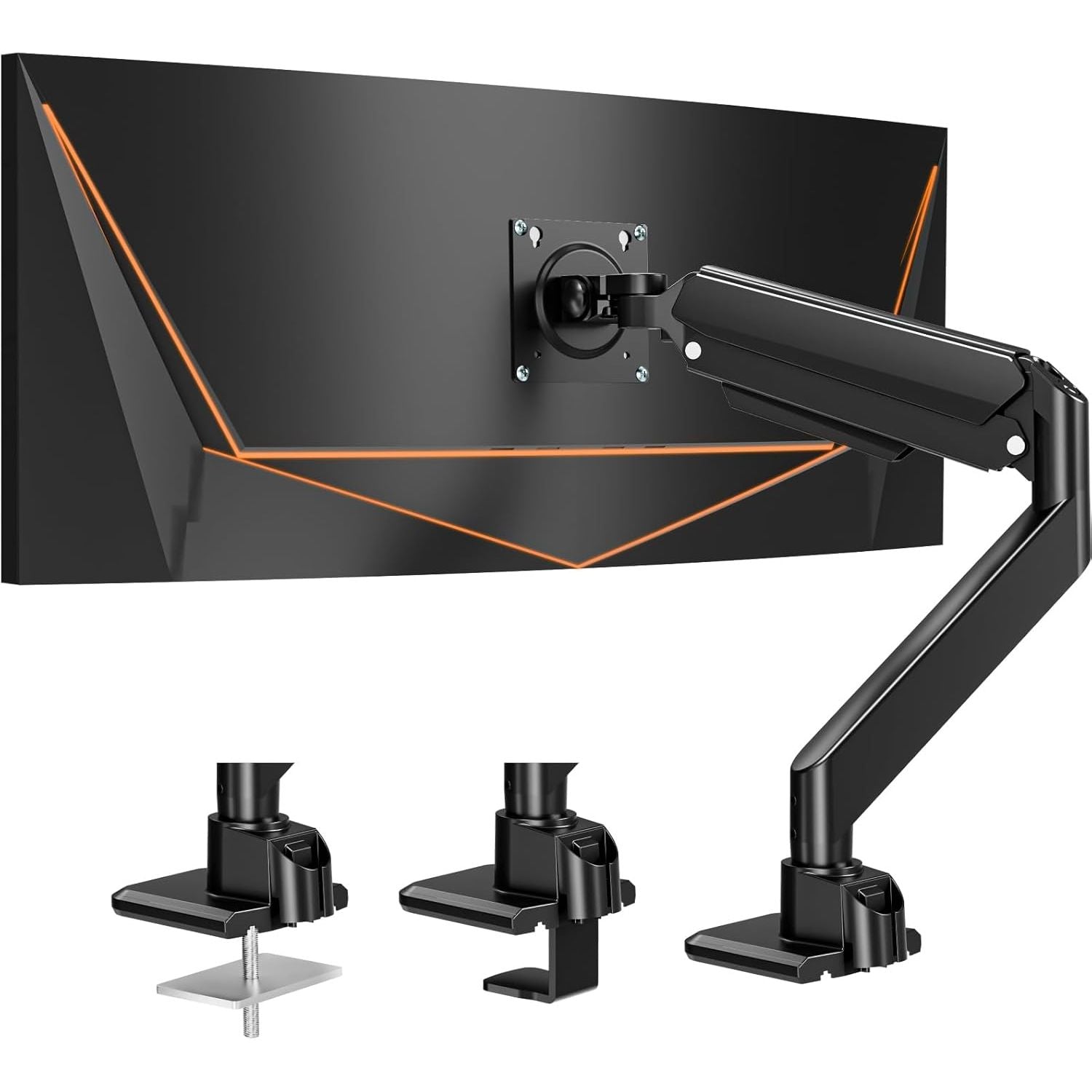 Black monitor stand with arm and additional brackets on a white background