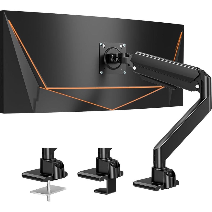 Black monitor stand with arm and additional brackets on a white background