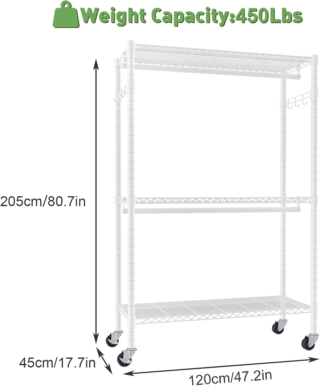 Metal shelving unit with weight capacity and dimensions on a white background