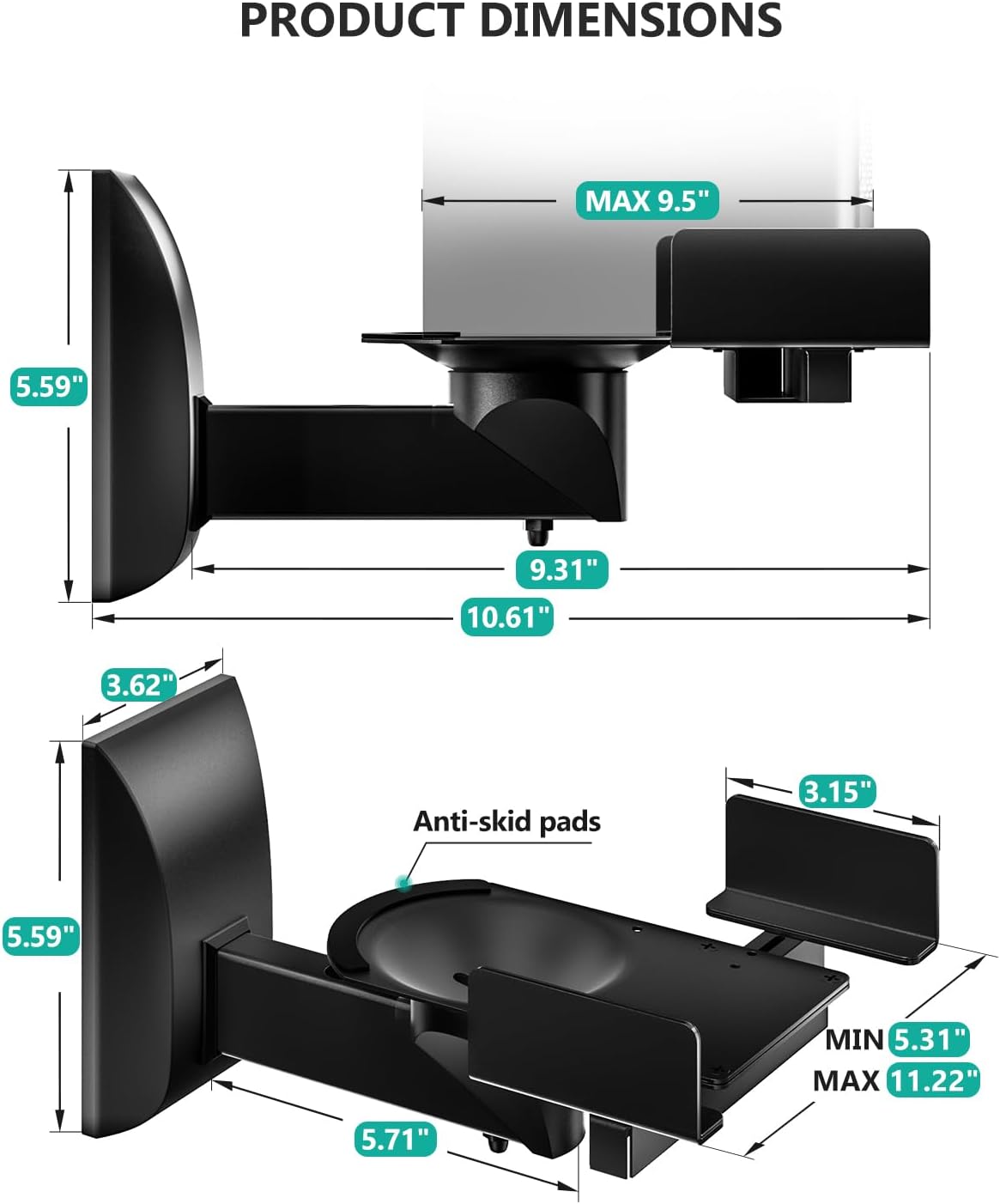 Speaker Wall Mounts Adjustable Bookshelf Speaker Brackets Pair WALI Black