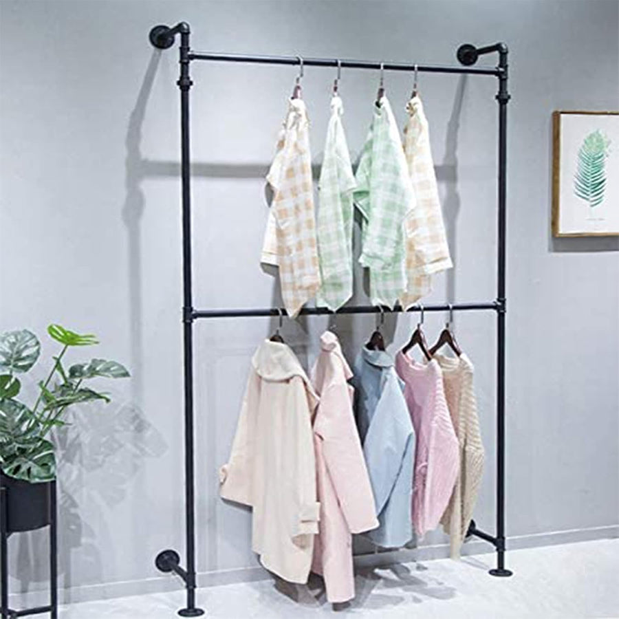 Industrial Garment Rack 2 Tier Wall Mounted Clothes Rail Pipe Shelf Black Storage