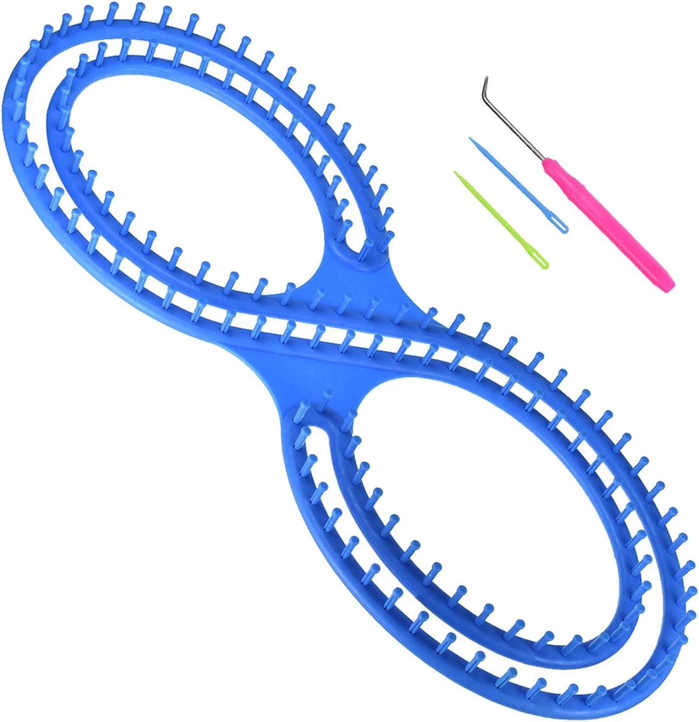Blue circular knitting loom with additional tools on a white background