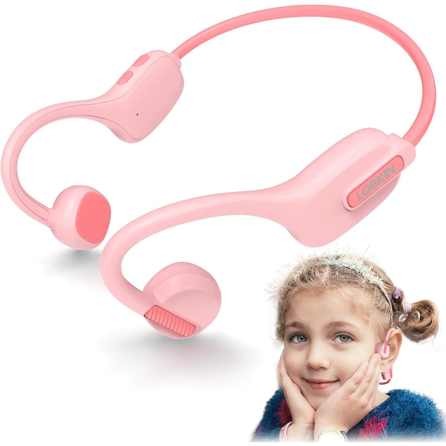 Pink neckband headphones with a child wearing them on a white background