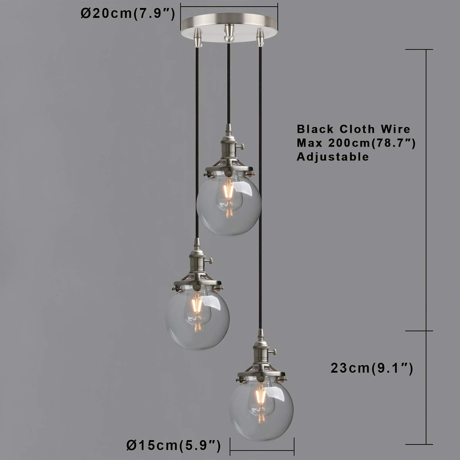 Phansthy Vintage Industrial Pendant 3-Light Chandelier, Globe Glass Shade E27