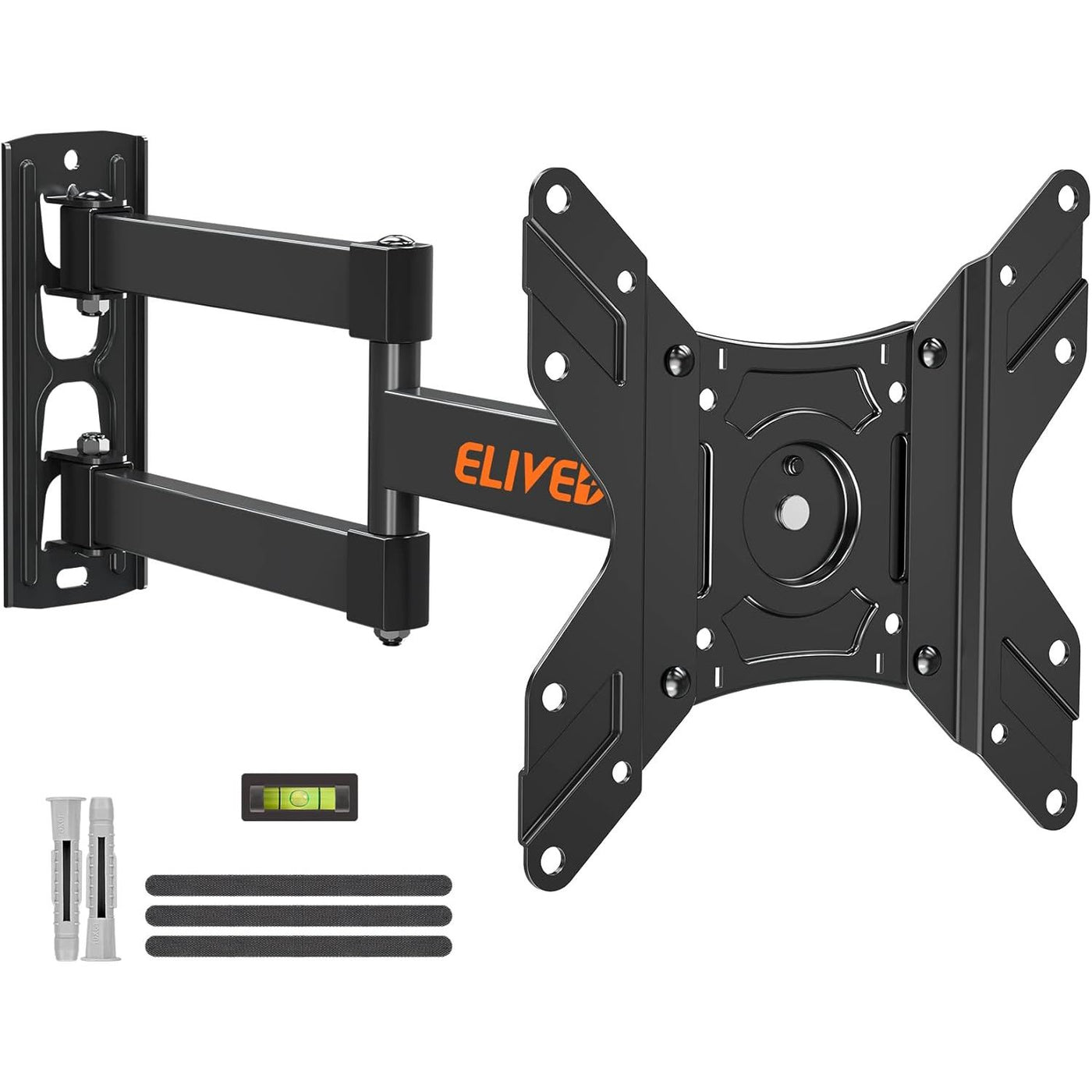 Black TV wall mount with adjustable arm and accessories on a white background, featuring the brand 'ELIVED'.