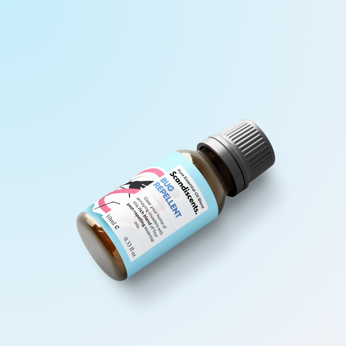Small bottle with a label on a light blue background