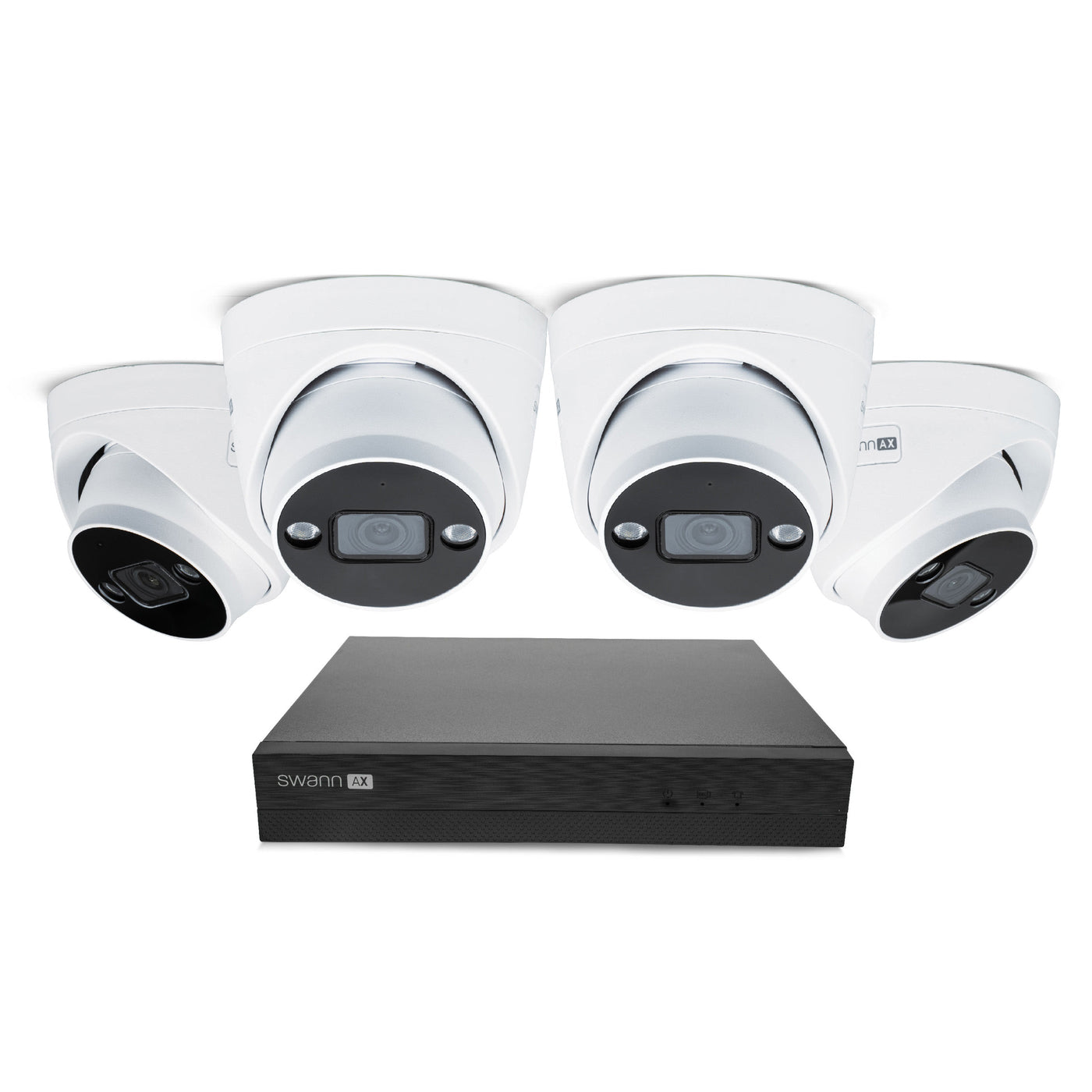 Security camera system with four white cameras and a black DVR on a white background