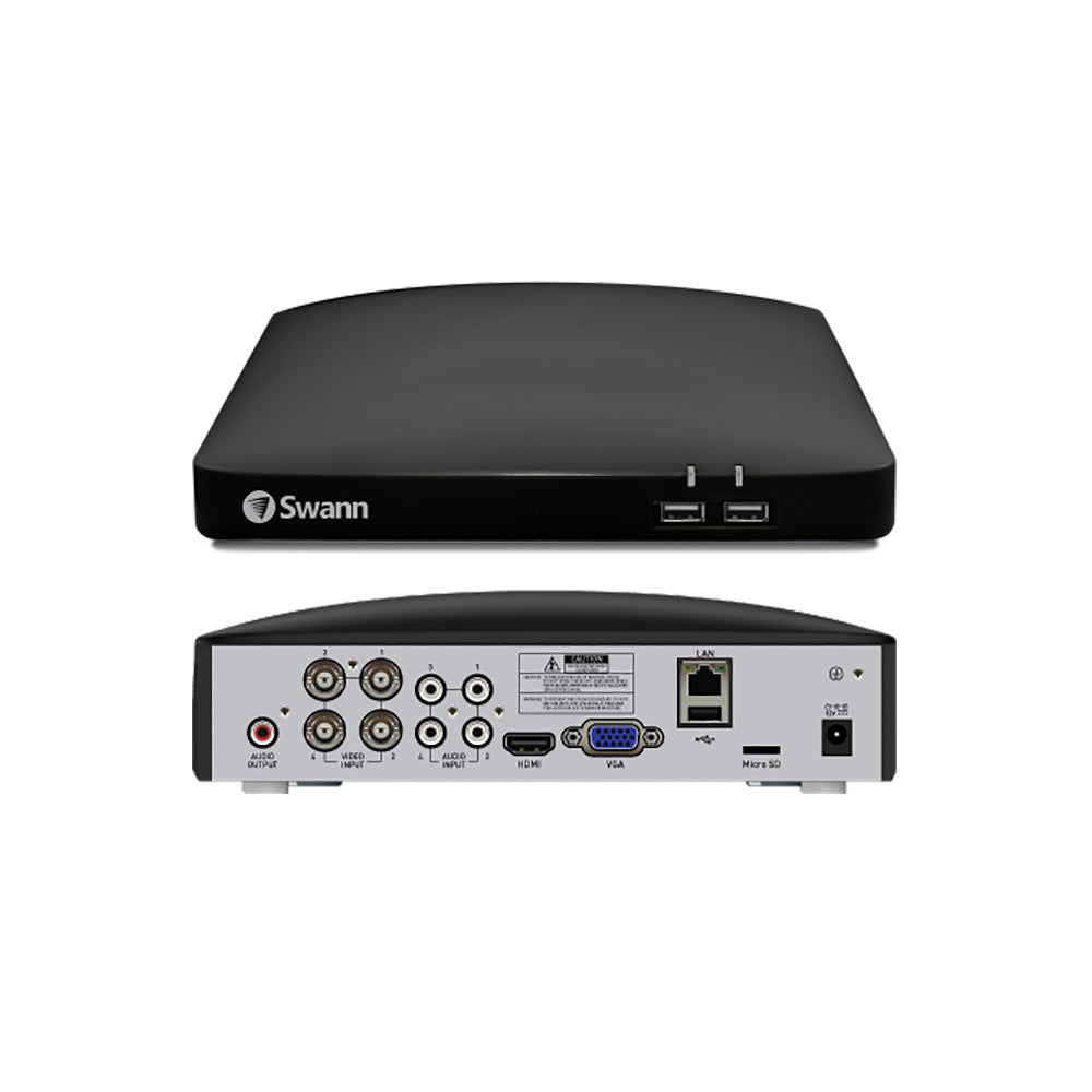 Swann security system DVR with front and back views on a white background
