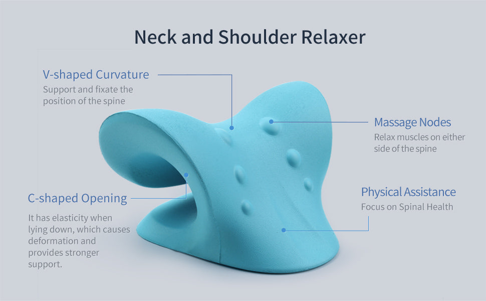 Blue neck and shoulder relaxer with text explaining its features on a light gray background