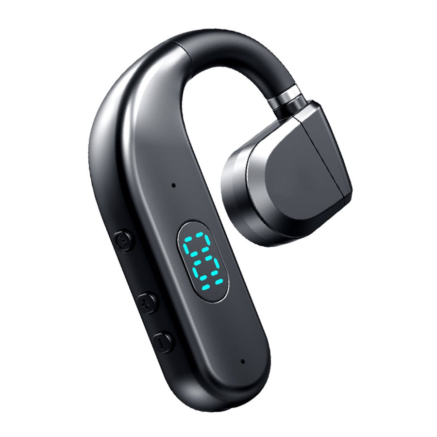 Black Bluetooth earbud with digital display on a white background