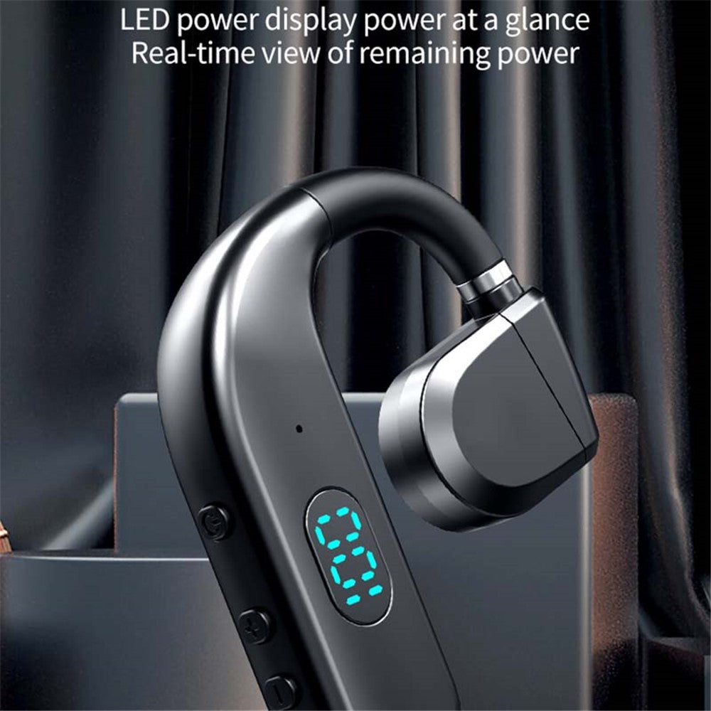 Black wireless earbud with digital display showing battery level, against a blurred background.